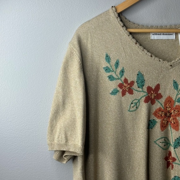 Alfred Dunner Sweater Short Sleeve Cotton Blend Fall Flower Embellished Size XL - Picture 2 of 12